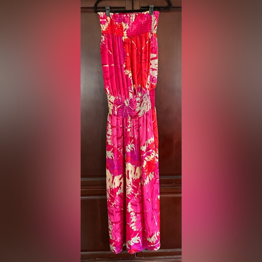 Vibrant Pink, Red, and Cream Strapless Jumpsuit/Romper. It’s Gorgeous!